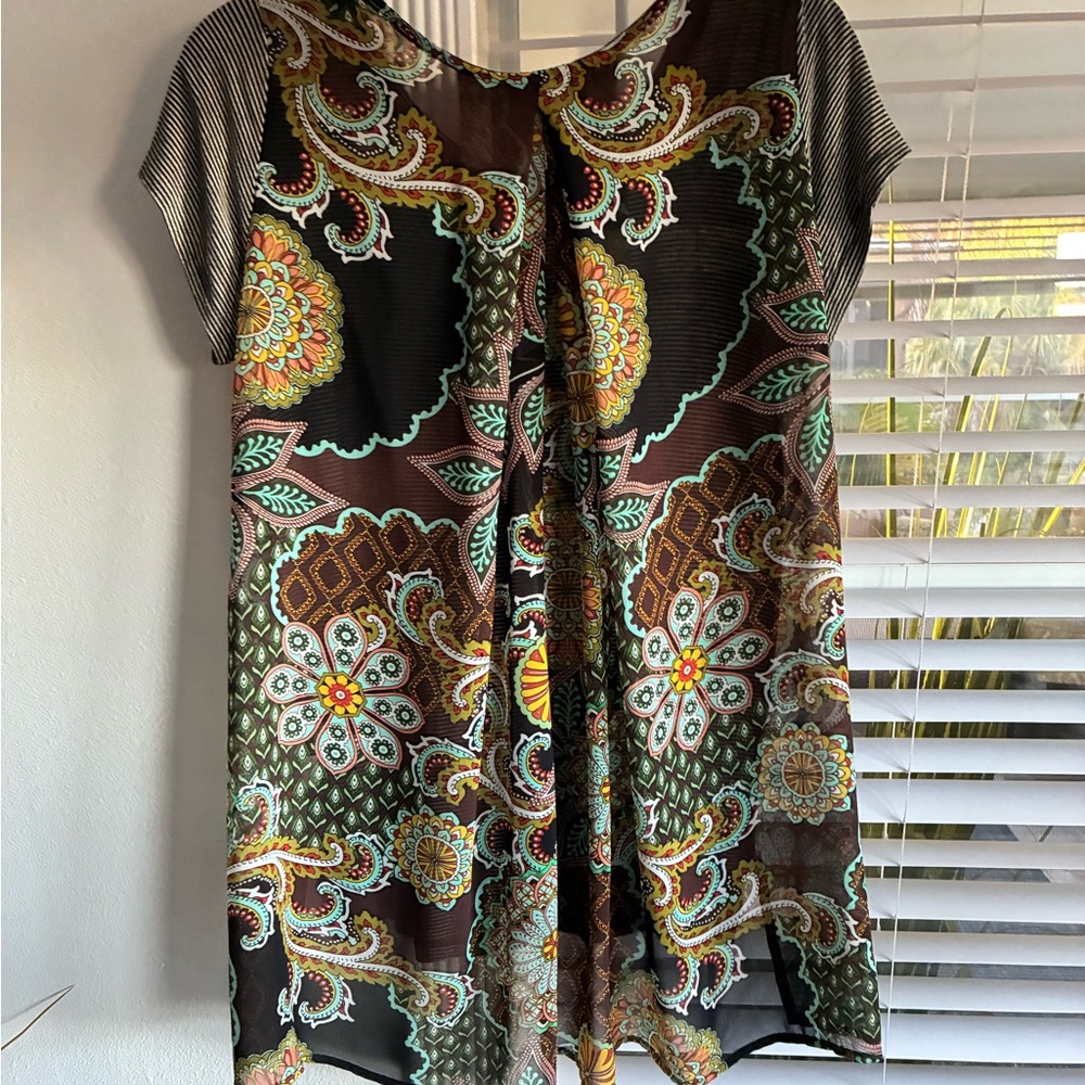 cha cha vente Black and Gray Striped Short-Sleeve Top with Paisley Sides - Picture 2 of 5